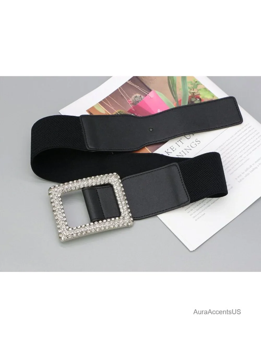 Wide Elastic Rhinestone Buckle Belt Stretchy Adjustable Waist Belt for Dresses